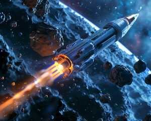 Spaceship Navigating an Asteroid Field in Space - obrazy, fototapety, plakaty