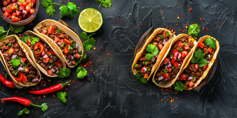 Freshly Prepared Tacos with Seasoned Meat, Fresh Vegetables on Dark Background, Top View, Copy Space