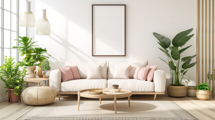 A minimalist yet elegant living room furnished with light pink furniture, accentuated by coastal-themed decor and a single picture frame above the couch, creating a serene and inviting atmosphere.