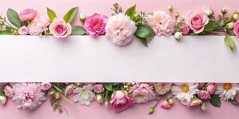 Flowers composition. Frame made of pink and white flowers on pastel pink background. Flat lay, top view, copy space. AI generated