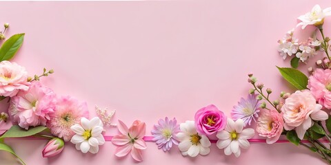 Flowers and gift boxes on white background. Top view with copy space. AI generated