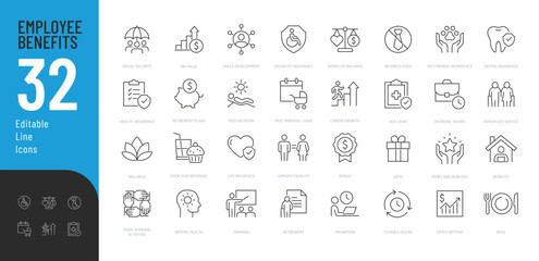 
Employee Benefits Line Editable Icons set. Vector illustration in modern thin line style of business related icons: bonuses, paid leave, maternity leave, pension, and more. Pictograms and infographic