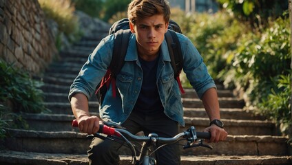 young man riding down the stairs on a bicycle - Powered by Adobe