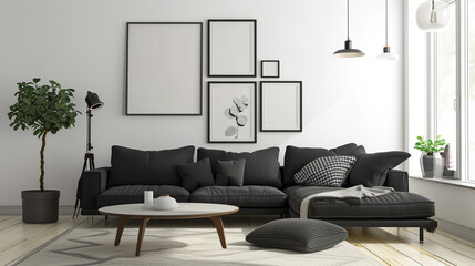 A modern living room captured in high-definition, blending Nordic aesthetics with creativity, featuring a black couch and an array of white frames for artistic inspiration.