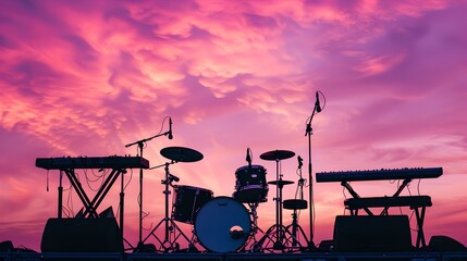 Silhouette of music stage setup against a vibrant purple sky. Empty concert scene ready for performance with various instruments. Outdoor event background. AI