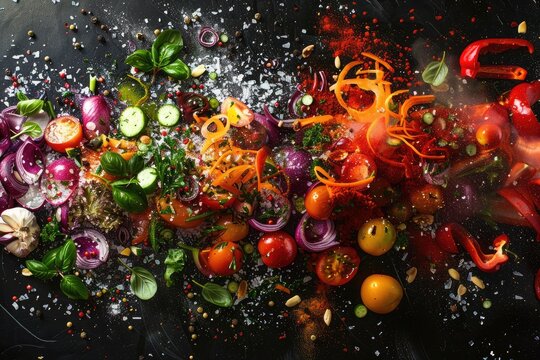 Colorful splashes of ingredients arranged in a harmonious chaos, evoking a sense of culinary creativity.