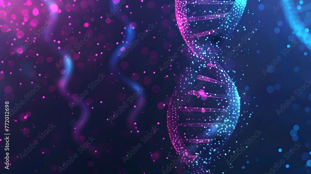 Poster futuristic dna helix in a sparkling abstract environment. digital art illustration with a bio-tech t