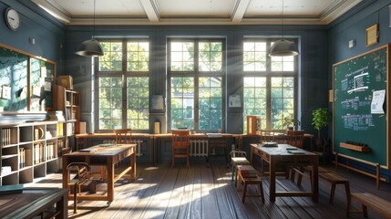 interior of a traditional style school classroom.