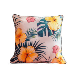 Plantthemed rectangle pillow with tropical flowers and leaves design on a transparent background