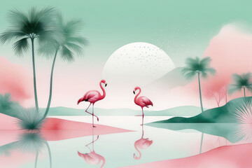 Summer landscape with flamingo in minimalistic style in water color painting.