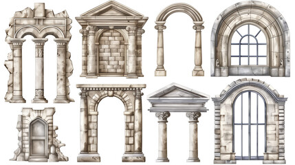 Obraz premium Various old building elements, antiquity, isolated on transparent background