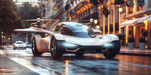 Futuristic flying car concept landing in a modern city