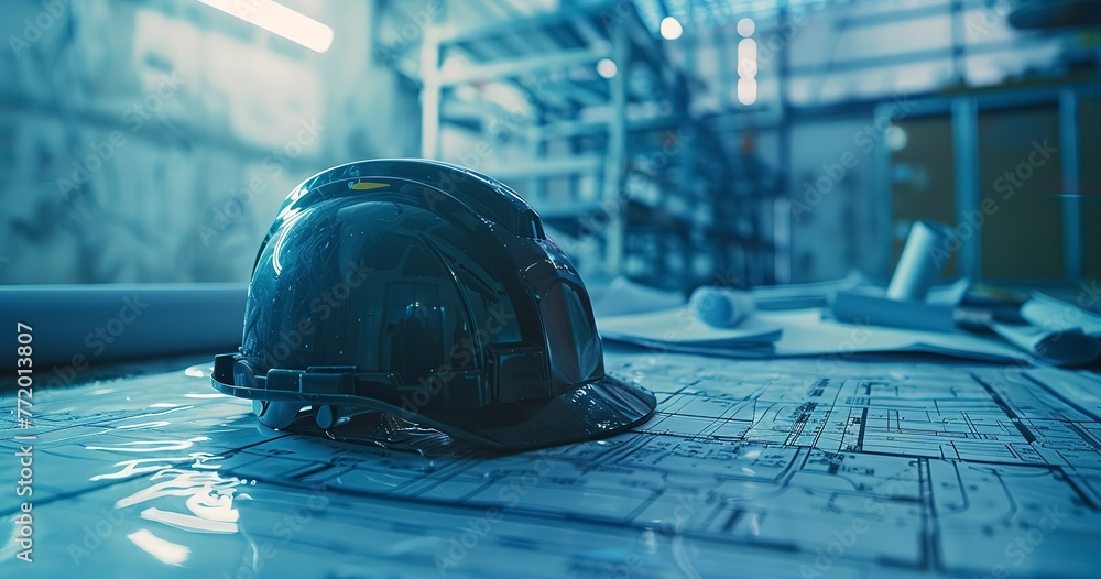 Poster Blueprints with safety helmet, close view, soft morning light, macro lens, detailed preparation.