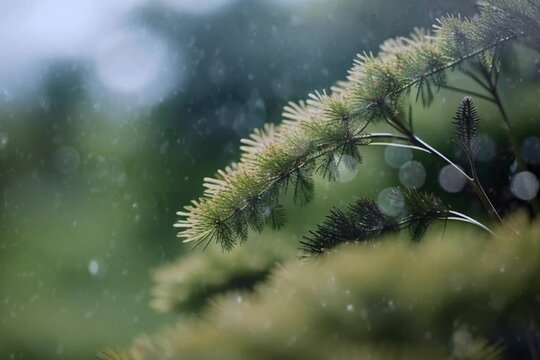 Macro video of snowfall on pine leaves 
