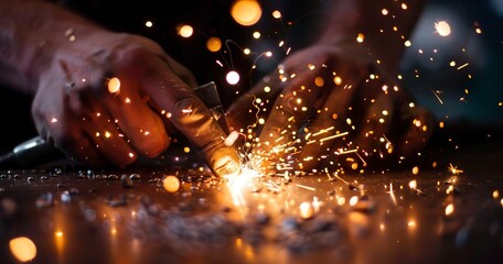 Welder's hands with sparks flying, twilight, close-up, wide lens, high contrast, focus on skill.  - obrazy, fototapety, plakaty