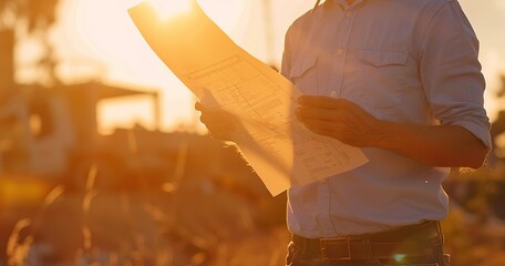Construction foreman reviewing plans, close-up, golden hour, wide angle, leadership in focus. - obrazy, fototapety, plakaty