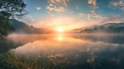 Naklejka premium Panorama of beautiful sunrise over lake 