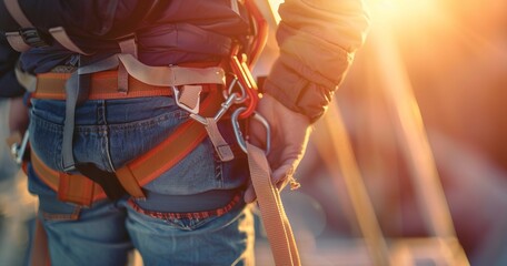 Worker fastening a safety harness, close view, morning glow, wide angle, emphasis on precaution. 