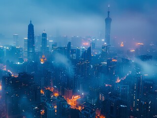 Urban skyline masked by PM 25, spotlighting urgent tech innovations and streamer awareness ,...