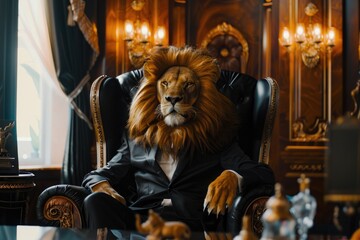 Lion wearing human costume sits in black leather chair in elite office of director of Fira - obrazy, fototapety, plakaty