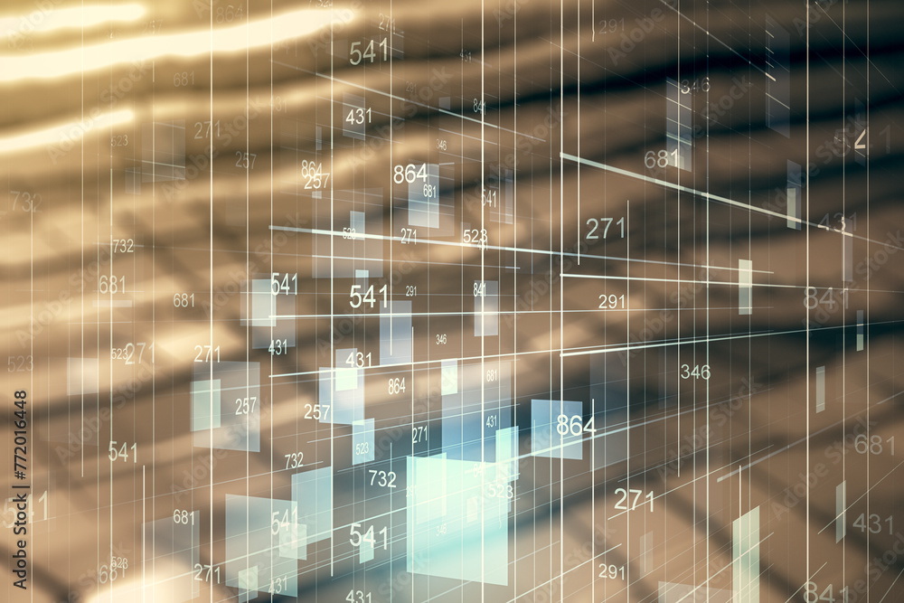 Poster multi exposure of abstract virtual graphic data spreadsheet sketch on abstract metal background, ana