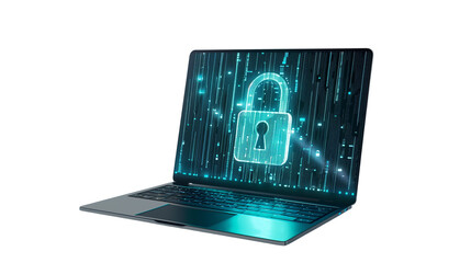 A notebook with a lock, cyber security, isolated on a transparent background