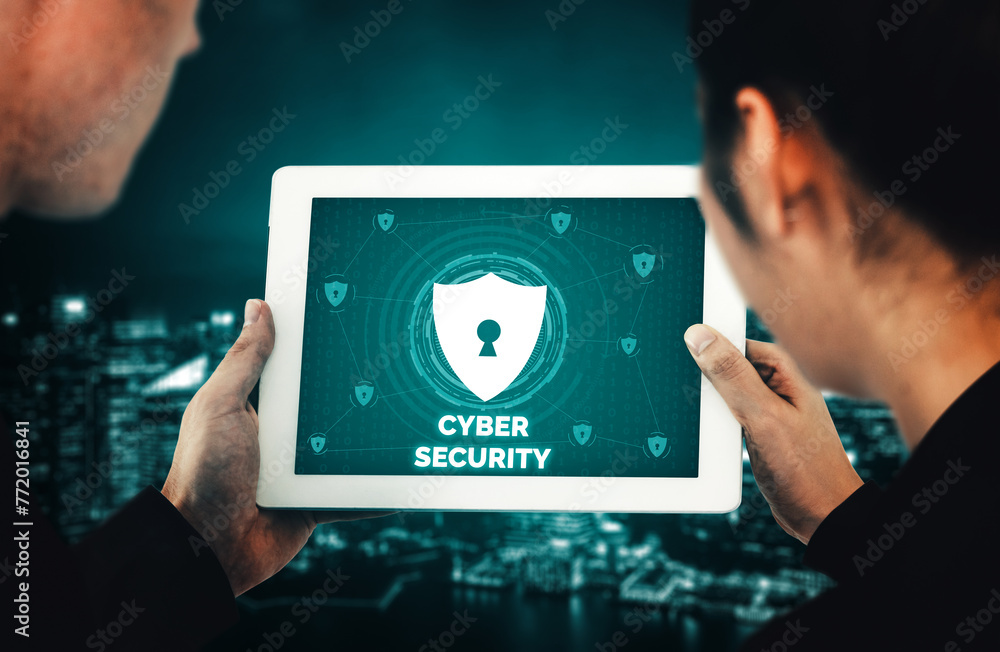 Poster cyber security and digital data protection concept. icon interface showing secure firewall technolog
