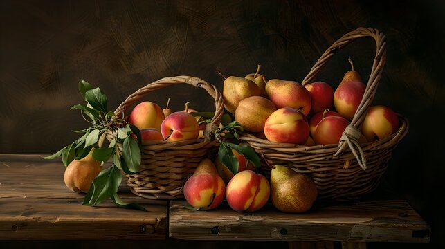 Vintage Style Still Life of Apples in Baskets on a Rustic Table. Classic Still Life Artwork. Ideal for Kitchen Decor and Autumn Themes. AI