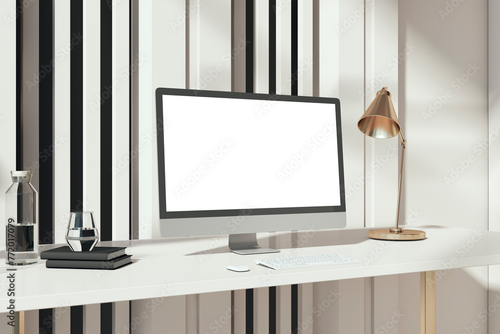 Aufkleber Close up of bright designer workplace with empty mock up computer screen. 3D Rendering.