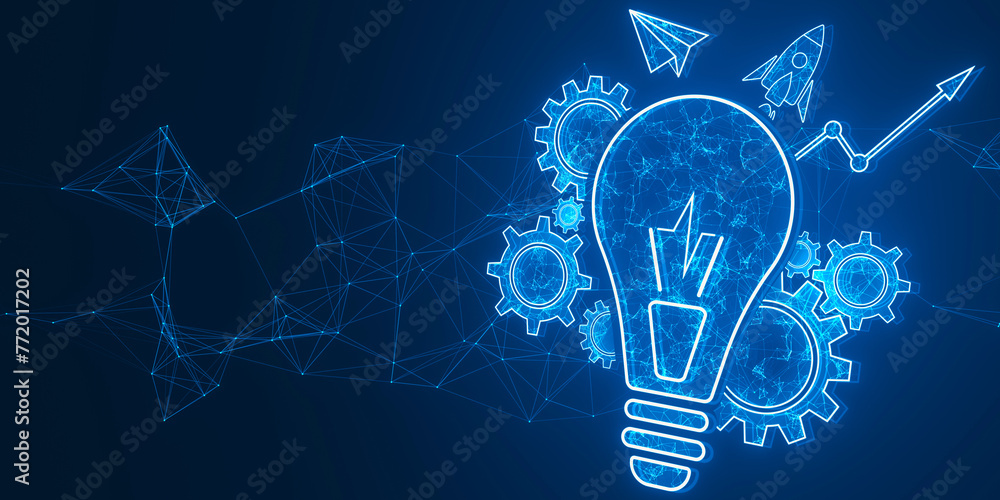 Poster abstract blue lightbulb, cogwheel and arrow hologram. innovation and creative idea concept. 3d rende