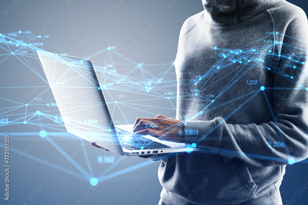 Poster Close up of hacker hands using laptop with creative glowing polygonal interface on blurry background. Technology, hacking, malware, innovation and network concept.