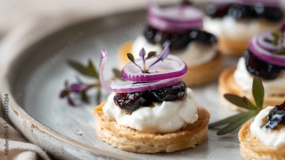 Wall mural Elegant canapes with cream cheese, olives, and red onion on a rustic plate. Gourmet appetizers perfect for catering and events. High-quality food photography. AI