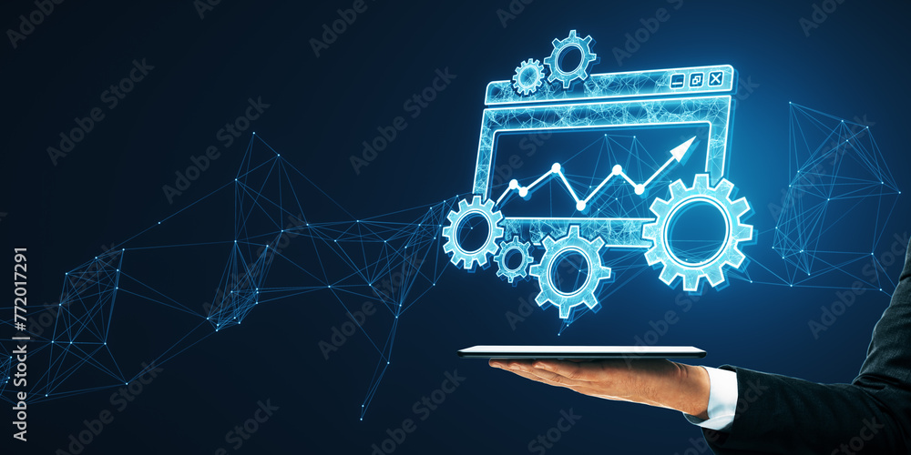 Poster Close up of male hand holding smartphone with creative digital computer folder with cogs, mesh and arrows on blurry backdrop. Project Management icon, folder, project goals, task management concept.