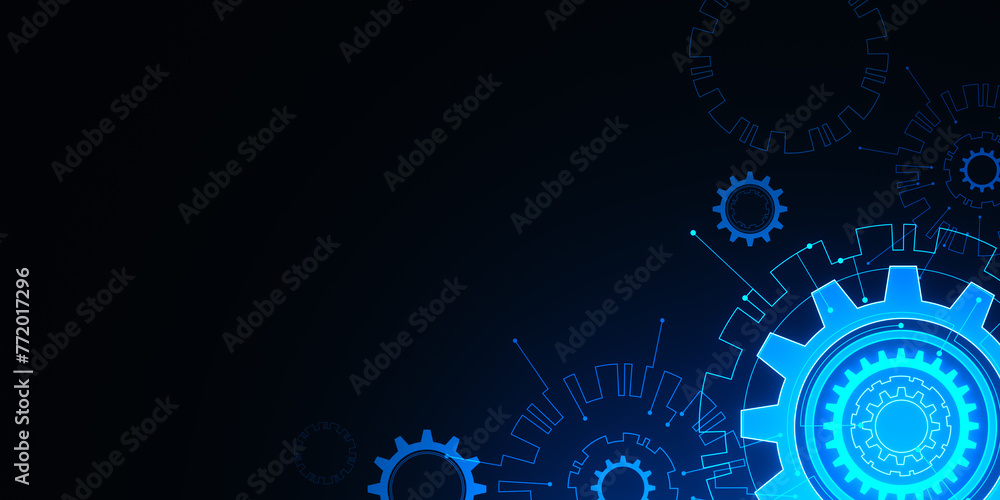Poster creative digital cogs on dark background with mock up place. factory, production and machinery conce