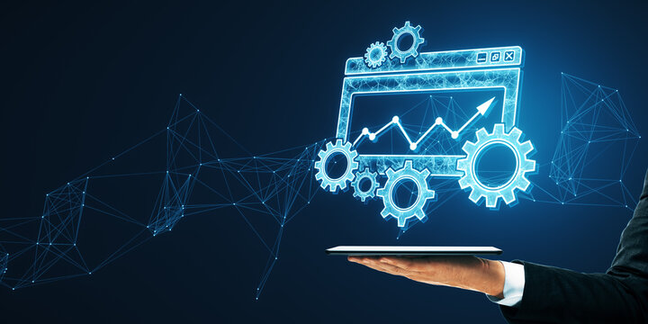 Close up of male hand holding smartphone with creative digital computer folder with cogs, mesh and arrows on blurry backdrop. Project Management icon, folder, project goals, task management concept.