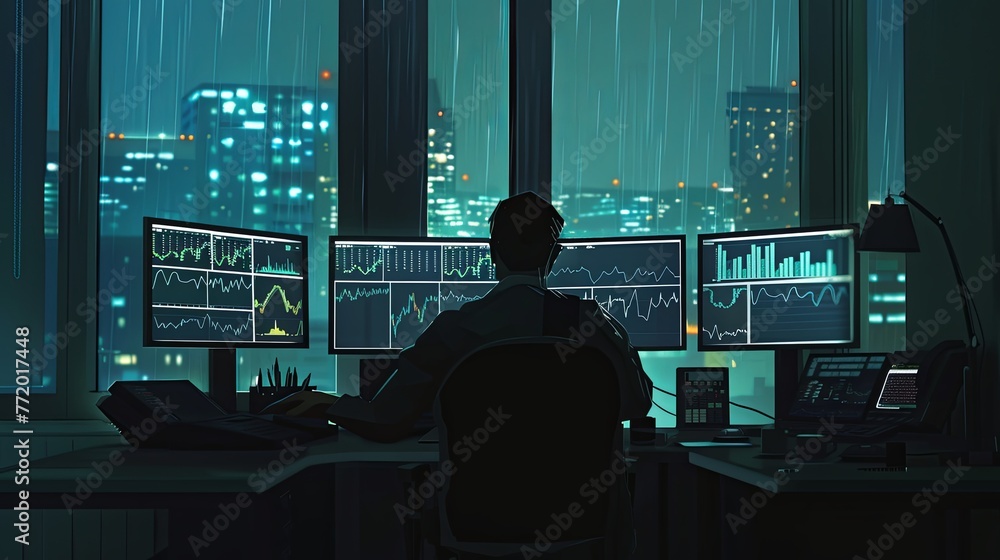 Poster digital illustration of a financial trader analyzing live market data on multiple computer screens i