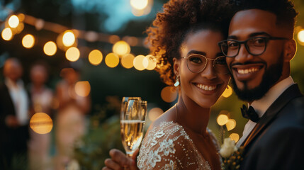 Beautiful Bride and Groom celebrating wedding at an evening wedding reception party. Smiling diverse wedding couple enjoying champagne surrounded by: - obrazy, fototapety, plakaty