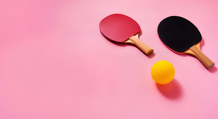 Ping pong rackets and balls on pink background, flat lay. Copy space - obrazy, fototapety, plakaty