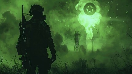 nuclear green glow in the dark poster of a silhouetted soldier