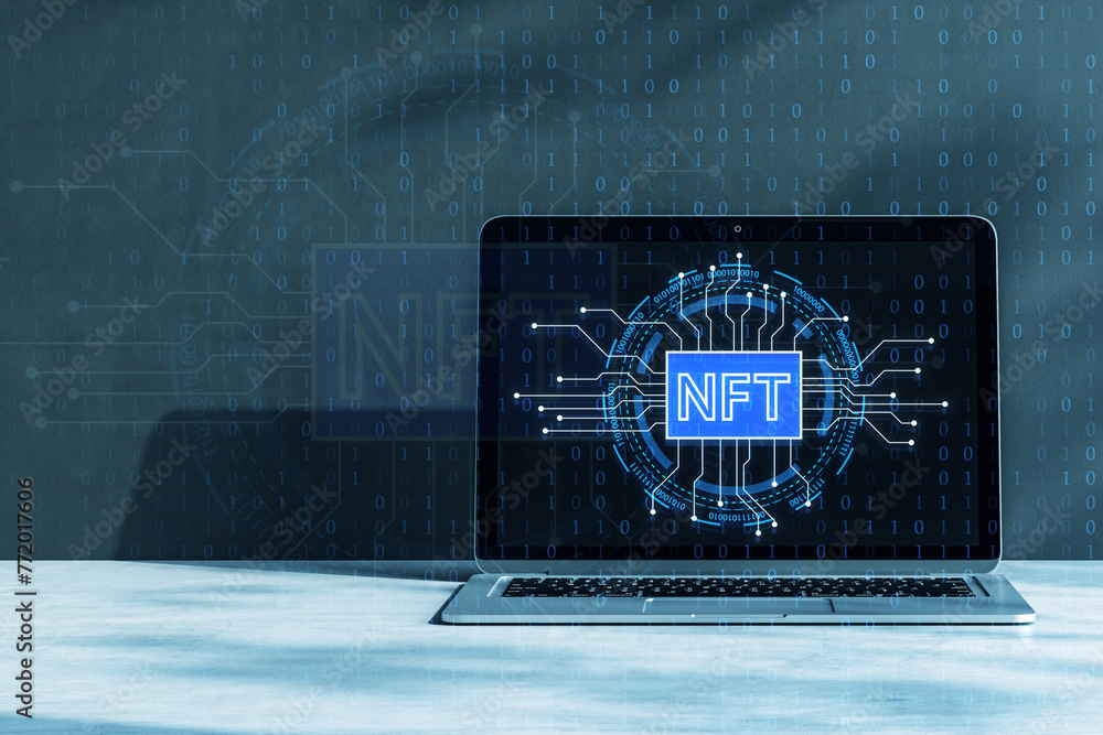 Poster close up of laptop on desk with creative glowing nft circuit hologram on blurry background with shad