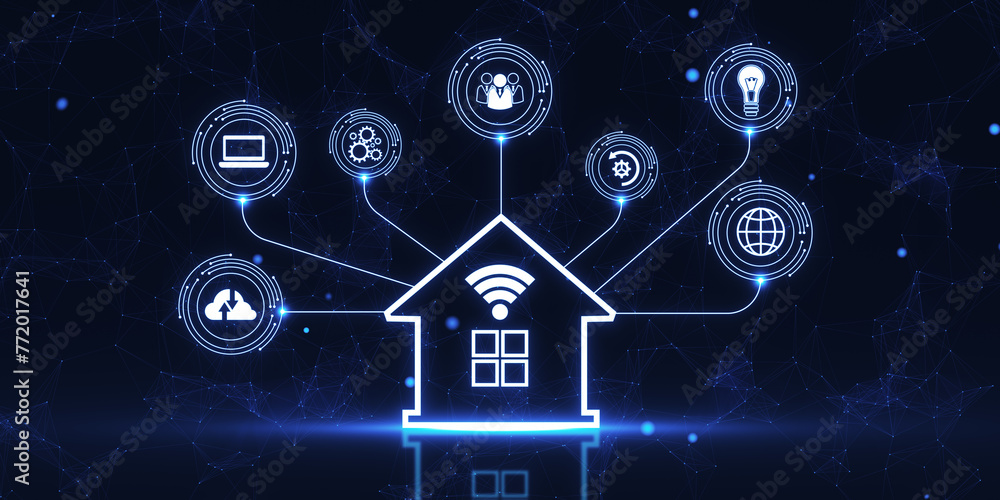 Aufkleber Creative smart house hologram on blue background. Artificial intelligence and virtual assistant concept. 3D Rendering.