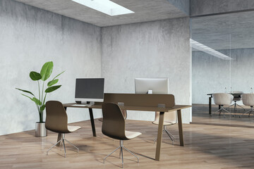 Modern coworking office interior with wooden flooring, furniture and equipment. Workplace concept. 3D Rendering.