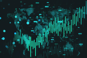 Creative growing blue forex chart and map hologram on blurry background. Banking, invest and financial growth concept. 3D Rendering.