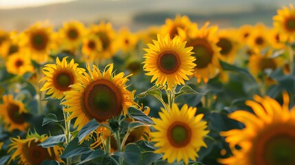 A sea of ​​sunflowers under the warm summer sun