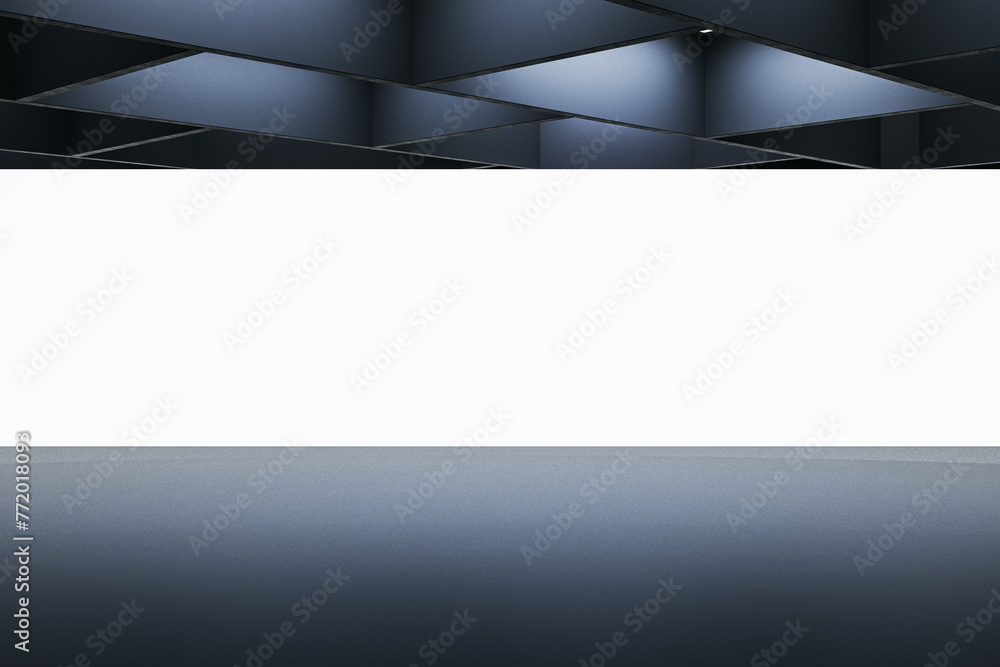 Poster abstract design of a dark room with an illuminated white stage for events. mock up. 3d rendering