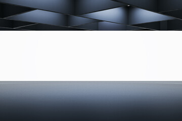 Abstract design of a dark room with an illuminated white stage for events. Mock up. 3D Rendering