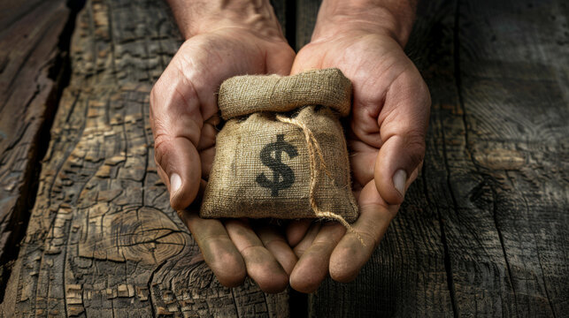 Hands cradle a burlap money bag with a dollar sign on a wooden background.