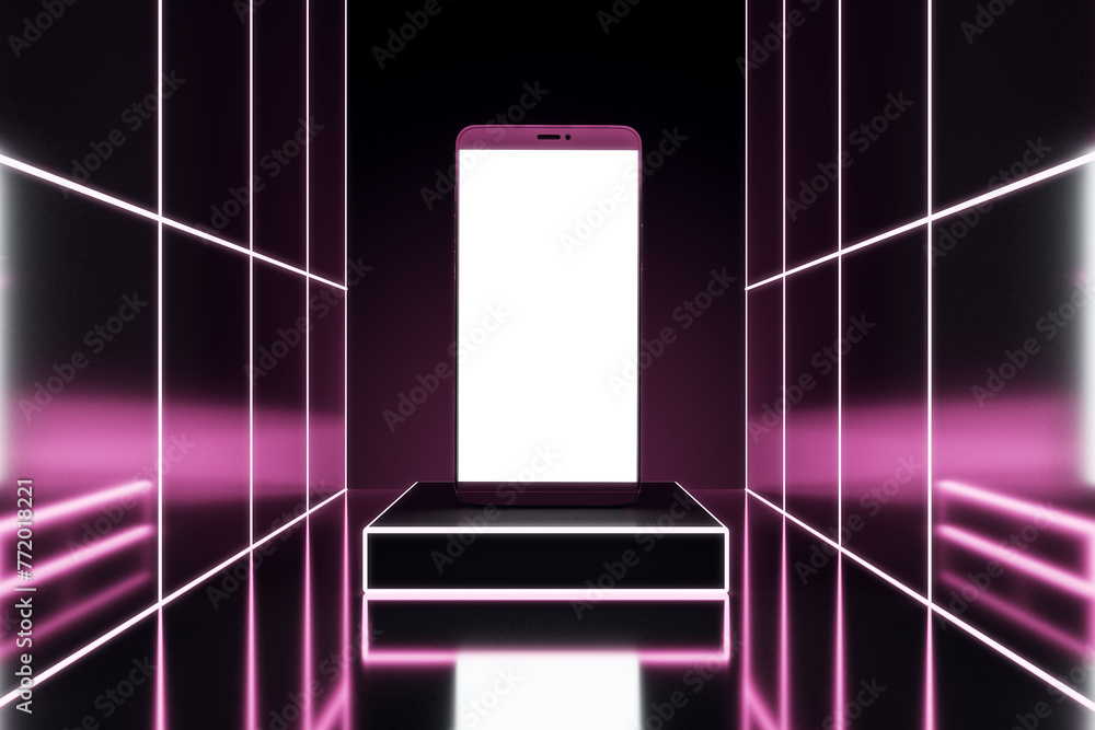 Poster purple futuristic neon interior with stairs pedestal and empty mock up screen smartphone for your ad