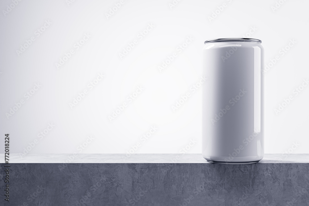 Poster Blank white drink can on light background with mock up place. Beverage and food ad concept. 3D Rendering.