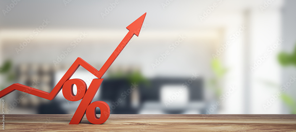 Poster increasing percentage icon on wide blurry office background with mock up place. red arrow and percen